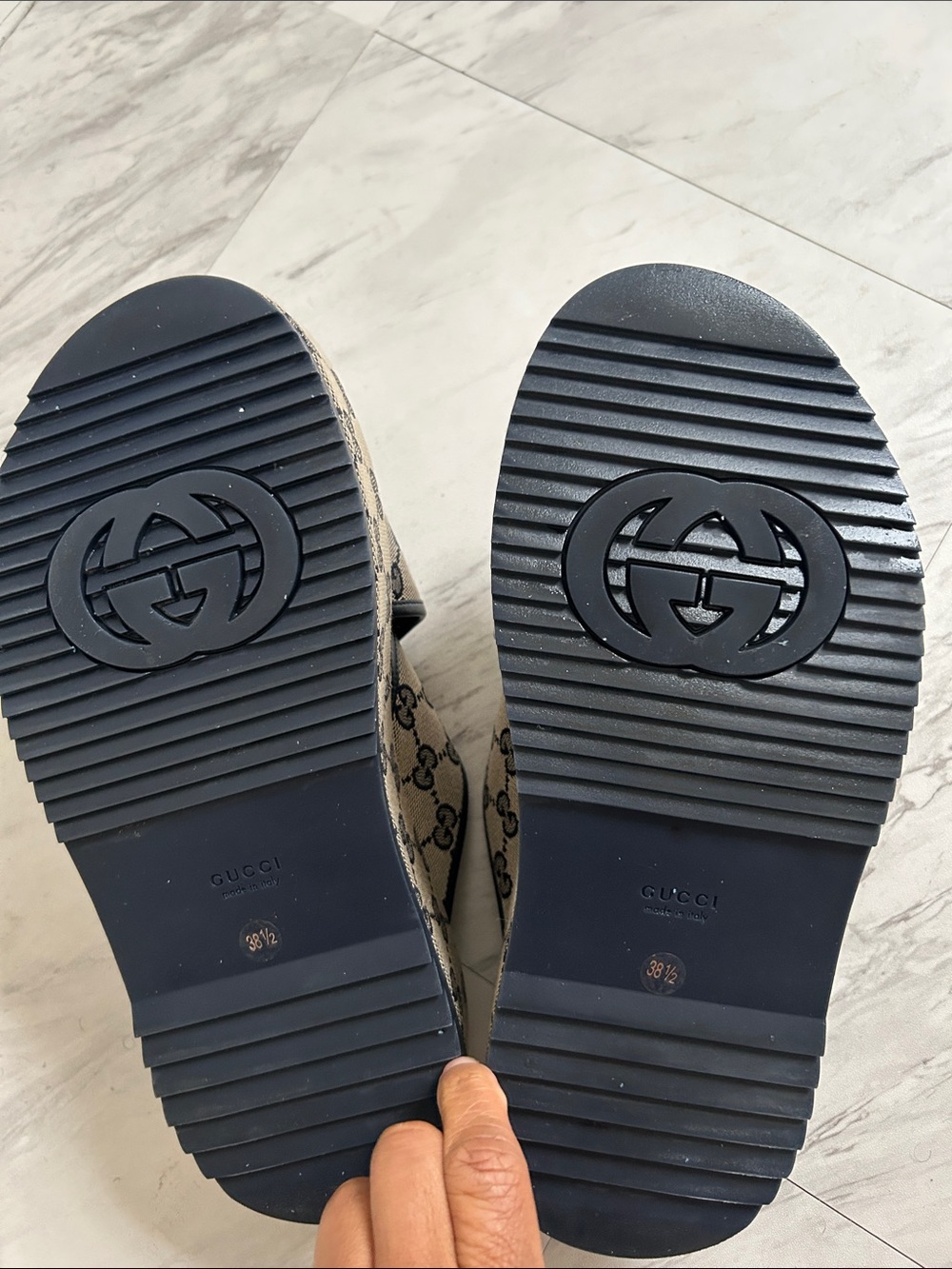 Gucci Beige & Navy GG Canvas Slide Sandals - Picture 2 of 2
